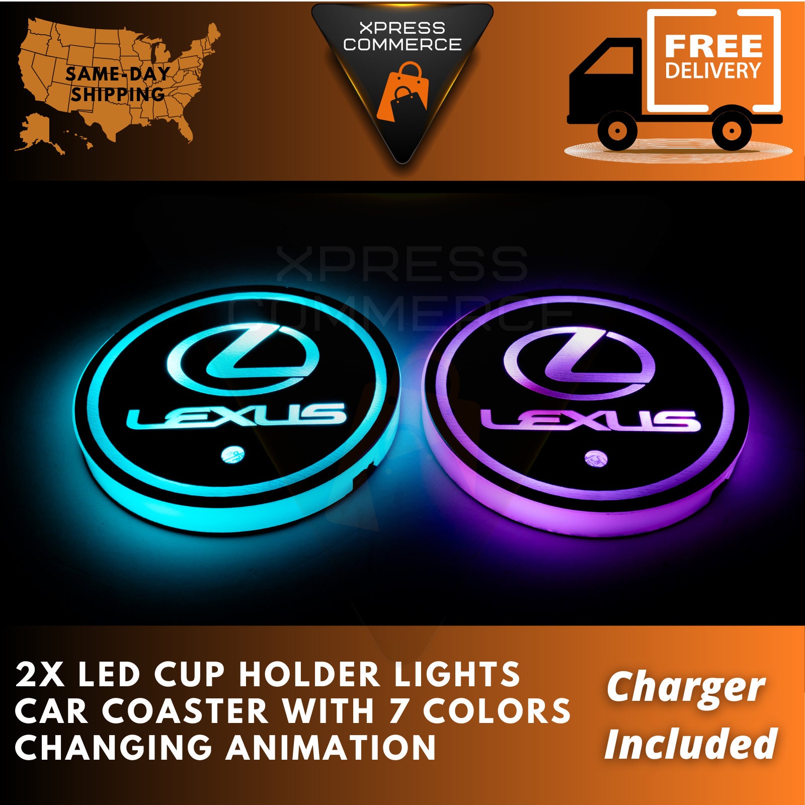 Lexus 2 Pcs Car Water Cup Coaster Holder 7 Colors USB Charging Led