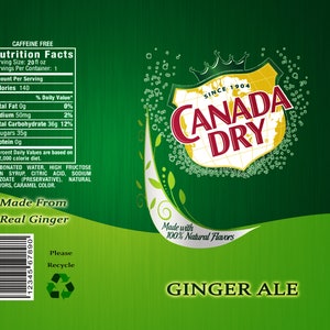 May include: A green can of Canada Dry Ginger Ale with the brand logo and the words "Made with 100% Natural Flavors" and "Ginger Ale". The nutrition facts label is visible on the left side of the can.
