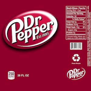 May include: A red can of Dr Pepper soda with the brand name and logo in white. The can is 20 fluid ounces and contains 250 calories. The nutrition facts are listed on the right side of the can.