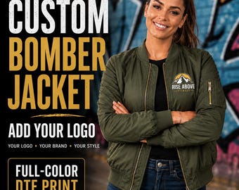 May include: An olive green bomber jacket with a ribbed collar, cuffs, and hem, featuring a gold-tone zipper and a small utility pocket on the left sleeve. The chest displays a logo with a mountain graphic and the text RISE ABOVE FITNESS.