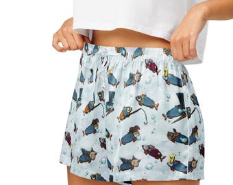 Fish Pajama Shorts: Silky Lounge Nightwear with Ocean Print