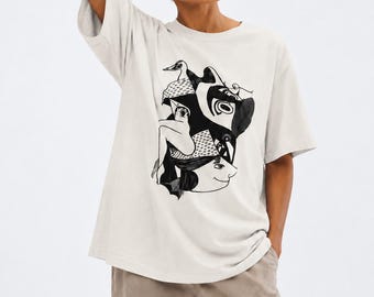 Oversized Surreal Face T-Shirt: Black White Graphic Tee