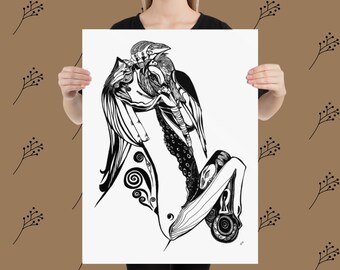 午年インクポスター、白黒壁アート