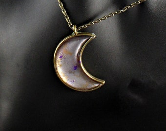 Antique Gold Cressent Moon Pendant with Silver, Gold, Purple, and Green Resin