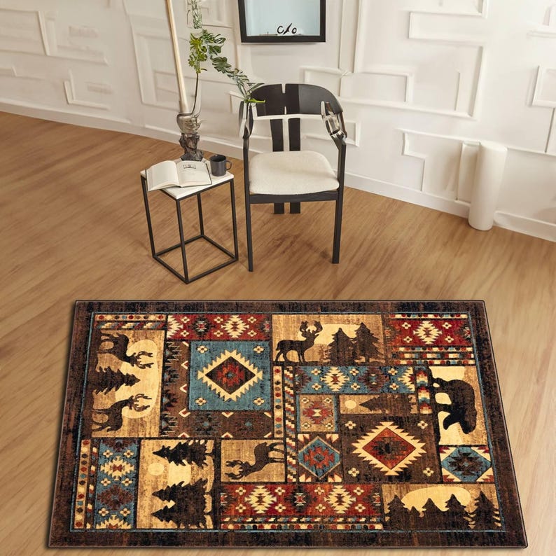 Bear and Deer Area Rug, Lodge Cabin Decor, Southwestern Aztec Design - Etsy
