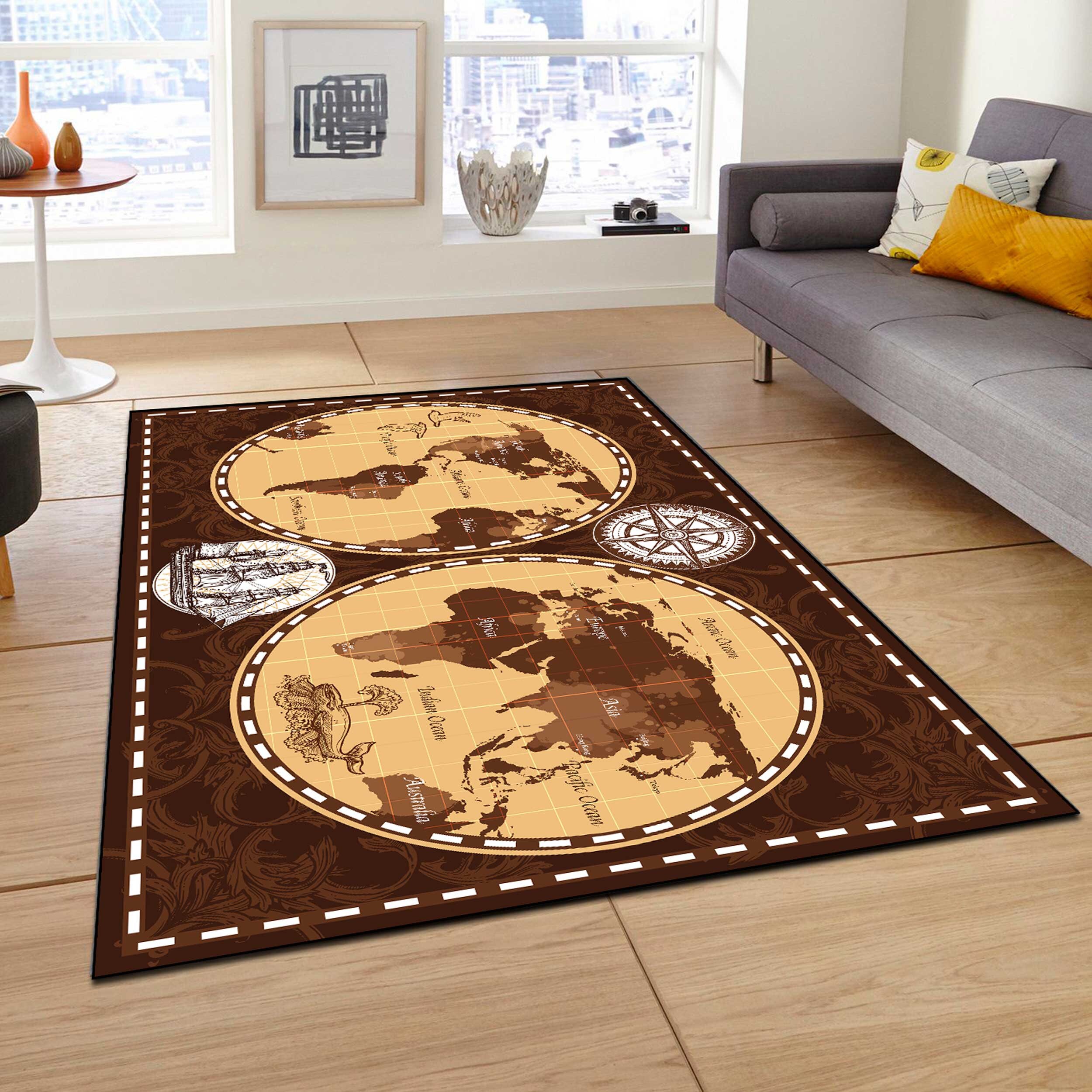 World Explorer Rug Vintage World Map Rug, Retro Map Rug, Global Explorer Rug, Warm and ...