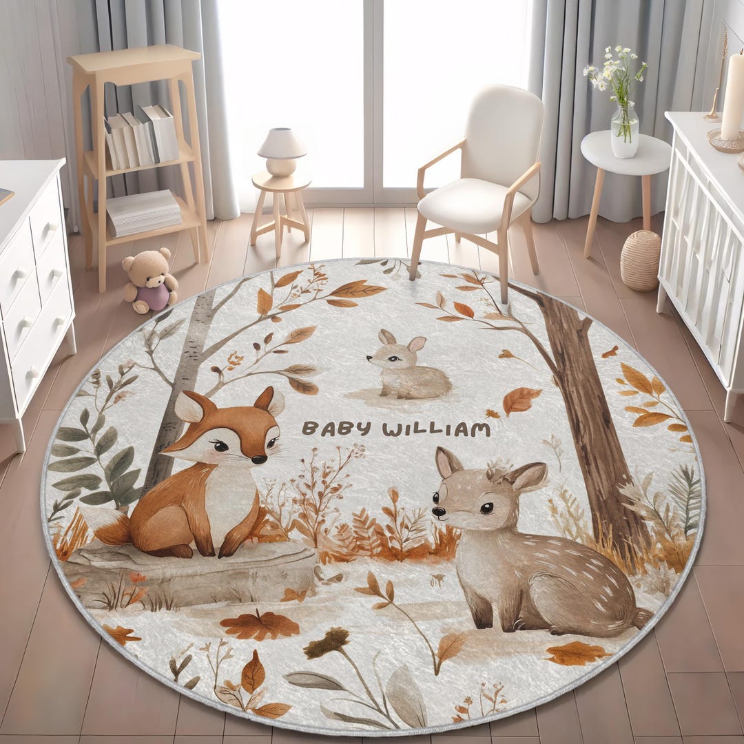 Personalized Woodland Nursery Rug: Fox, Deer & Rabbit Decor - Etsy