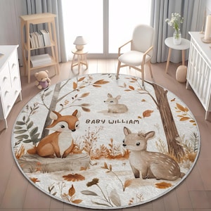 Personalisierter Wald Kinderteppich, Name Woodland Geschenk, Baby Fuchs und Kaninchen Teppich, Waldblatt Dekor