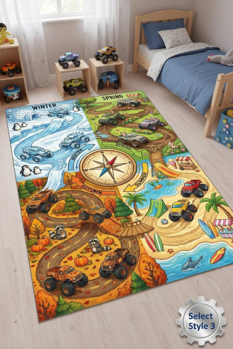Personalized Monster Truck Kids Rug, Boys Room Decor Style 3