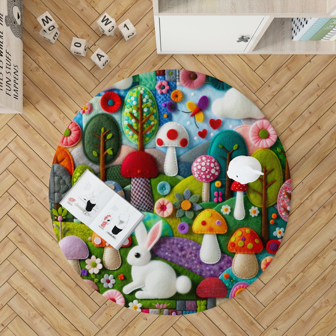 Blossoming Playland Rug: Delightful Bunnies, Mushrooms, Flowers, and