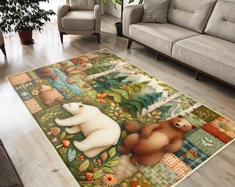 Woodland Bear Area Rug: Boho Nursery Decor, Washable Polyester