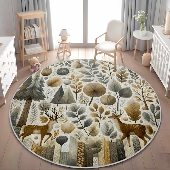 Woodland Deer Rug: Forest Animal Print, Nursery Decor