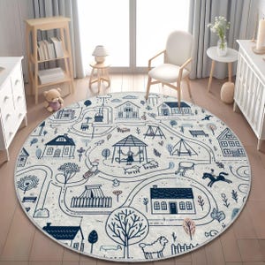 Spielplatz Teppich für Kinderzimmer, Minimalistischer Baby Teppich mit Stadt Zeichnung, Dorf Straßen Karte Cartoon Teppich, Fantasievoller Teppich für Kleinkind,Kinderzimmer Dekor