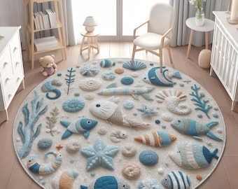 Sea Animals Nursery Rug, Nautical Rug for Kids Room, Under the Sea Rug, Marine Area Rug Baby Room Decor