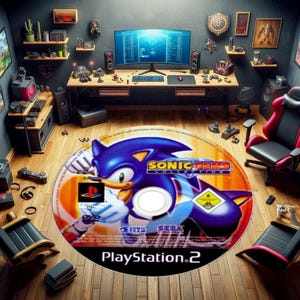 May include: A gaming setup featuring a "Sonic Gems Collection" PlayStation 2 game disc on a wooden floor. The disc has a blue and yellow design with the Sonic the Hedgehog character. A computer monitor, speakers, and gaming chair are also visible.