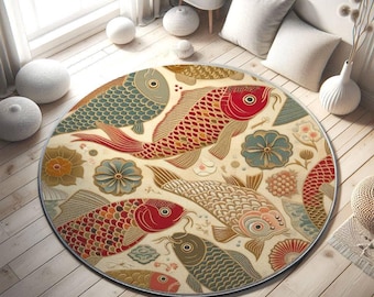 Japan Fish Round Rug: Modern Koi Carp Pop Art Carpet