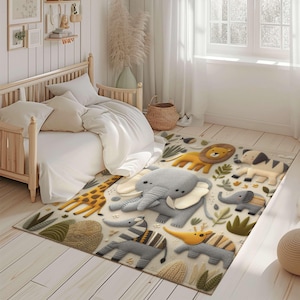 Safari Teppich für's Kinderzimmer, Antiallergischer Baby Teppich, Spielmatte für Babys, 100% Baumwolle, Krabbeldecke, Dschungeltiere,Dschungeltiere