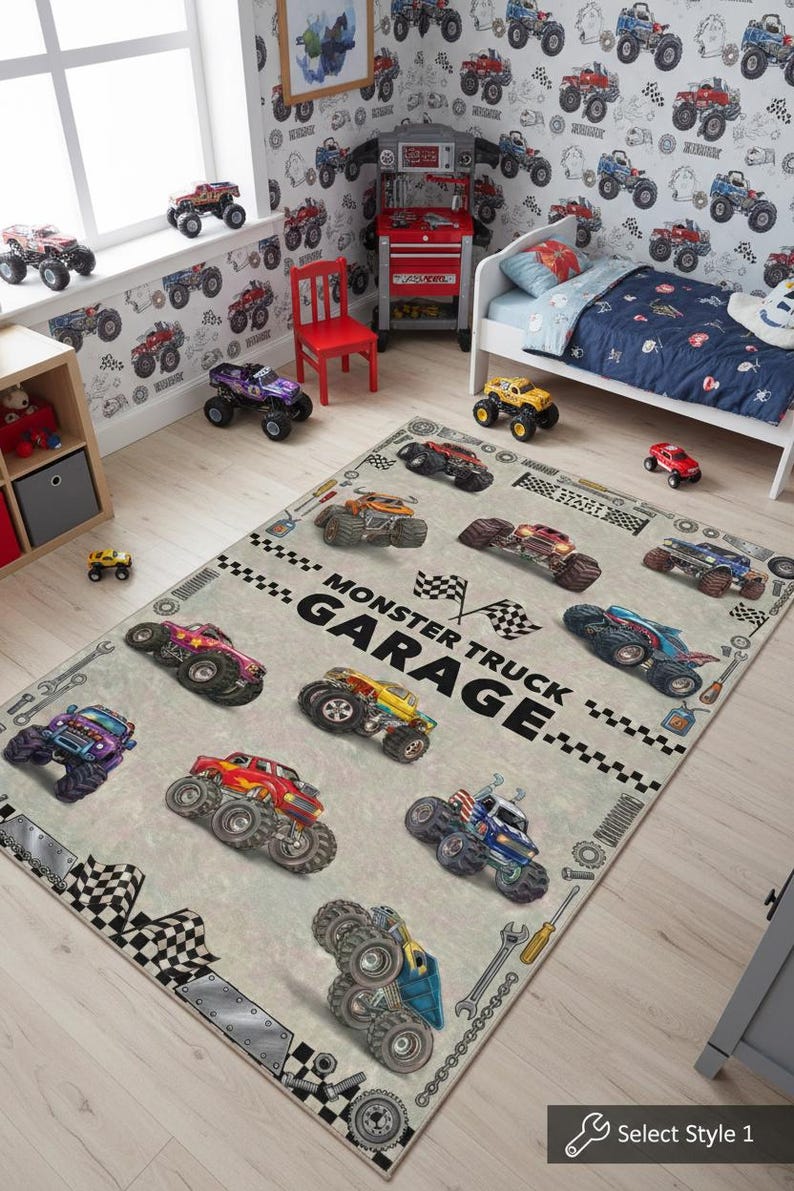 Personalized Monster Truck Kids Rug, Boys Room Decor Style 1