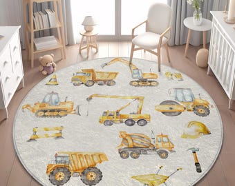 Construction Site Rug for Kids Room, Excavator Rug with Trucks, Playroom Decor Rug, Kids Construction Play Rug, Tractor Area Rug