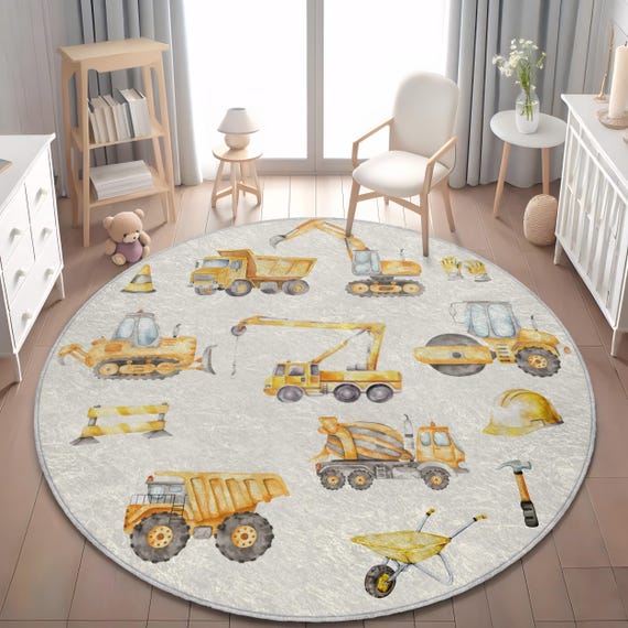 Construction Trucks Kids Rug, Playroom Decor