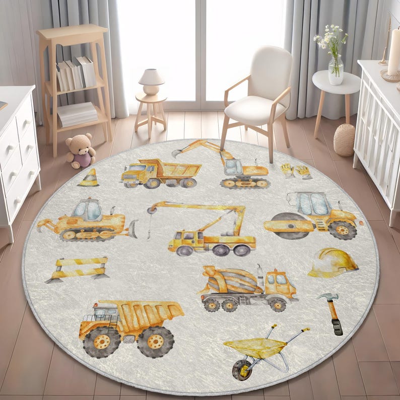 Construction Trucks Kids Rug, Playroom Decor image 1