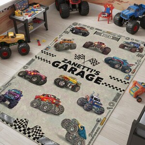 Personalized Monster Truck Kids Rug, Boys Room Decor image 2