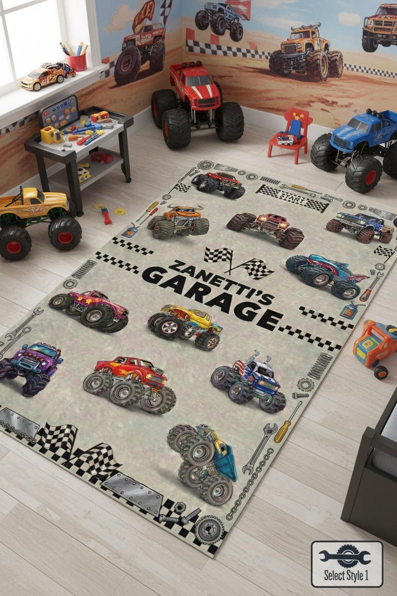 Personalized Monster Truck Kids Rug, Boys Room Decor image 2