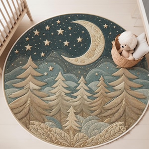 Alfombra con estrellas y luna, adorable alfombra para habitación de niños con estrellas y pinos, alfombra para habitación de niños, decoración acogedora inspirada en la naturaleza, alfombra acogedora para habitación de niños, decoración del hogar