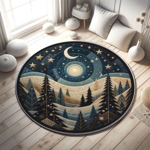 Alfombra con diseño de cielo nocturno, luna y estrellas caprichosas, decoración celestial para el hogar.