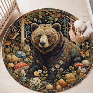 Woodland Rug, Bear Rug, Botanical Floral Rug, Exotic Flowers Rug, Happy Bear Rug, Nursery Decor, Kids Room Rug, Playroom Rug, Animal Rug