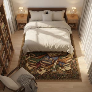 May include: A bedroom scene featuring a bed with a beige comforter and pillows, flanked by wooden nightstands with lamps. A rug with a book design lies beneath the bed, with a chair and bookshelf in the room.