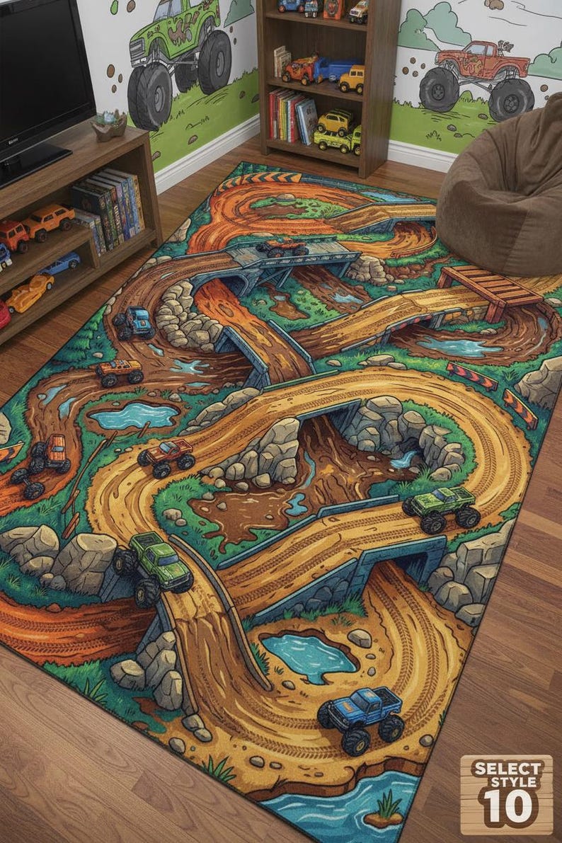 Personalized Monster Truck Kids Rug, Boys Room Decor Style 10