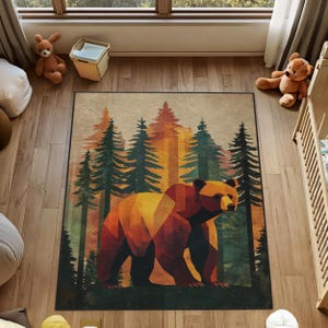Bear Rug, Woodland Bear Carpet, Geometric Bear Area Rug, Forest Animal Floor Decor, Modern Cabin Decor, Woodland Bear Rug, Woodland Rug