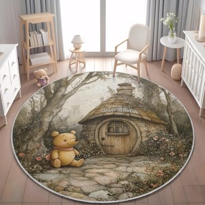 Personalisierter Pooh Bär Kinderteppich, Name Kinderzimmer Spielmatte, Winnie the Pooh Bärenhütte Teppich, Waldtier Babyzimmer Dekor, Geschenk für Kind