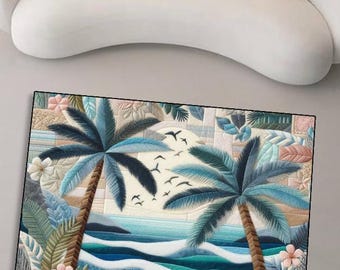 Palm Tree Beach Scene Rug, Tropical Decor, Washable Polyester
