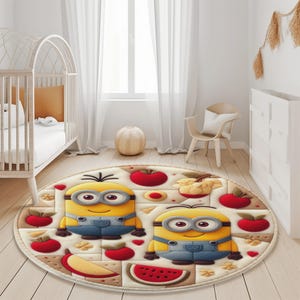 Funny Cartoon Characters Round Rug - Playful Minions Nursery Rug - Newborn Baby Rug - Watermelon Apple Kitchen Rug - Kids Room Rug - Minions