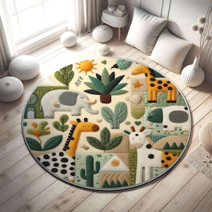 Safari Kindergarten Teppich, Weiche Spielmatte, Babyzimmer Dekor, Dschungel Kinderzimmer Teppich, Giraffe, Elefant, Dschungel Kinder Teppich, Baby Teppich