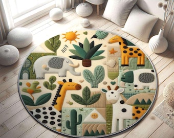 May include: A round, cream-colored play mat with a colorful, whimsical design featuring animals, plants, and geometric shapes. The mat features a giraffe, elephant, and other animals in a playful, cartoon style.