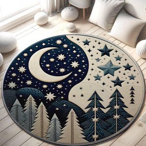 Alfombra con diseño de cielo nocturno: Luna, estrellas y paisaje de pinos.