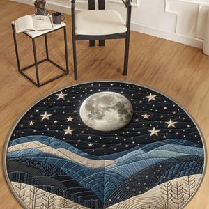 Night Sky Rug, Celestial Rug with Moon and Stars, Woodland-Inspired Area Rug, Cozy Nature Decor for Living Room or Bedroom, Gift For Her