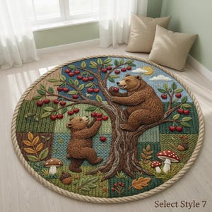 Op de afbeelding: Rond vloerkleed met een grillige scène van twee bruine beren die kersen plukken van een boom. Het kleed heeft een blauw, groen en bruin kleurenschema met een touwrand. Het ontwerp bevat paddenstoelen, bladeren en een zon.