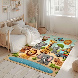Safari Animals Rug, Playful Jungle Rug, Nursery Rug, Kids Room Rug, Educational Rug, Animal Theme Rug, Colorful Area Rug, Kids Playmat