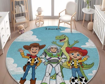 Tapete redondo personalizado Toy Story – Adicione o nome do seu filho para um tapete divertido para a sala de jogos.
