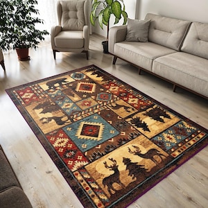 Traditioneller Teppich mit einem Bären und Hirsch, Aztekenteppich, Geometrischer Teppich, Wollteppich, Handgeknüpfter Wollteppich, Wohnzimmerteppich