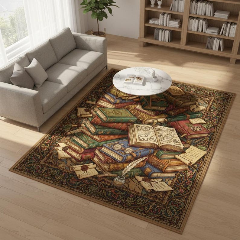 May include: A rectangular area rug featuring a design of stacked books, scrolls, and a quill and inkwell. The rug has a detailed border with floral and vine patterns. The color palette includes shades of brown, green, and gold.