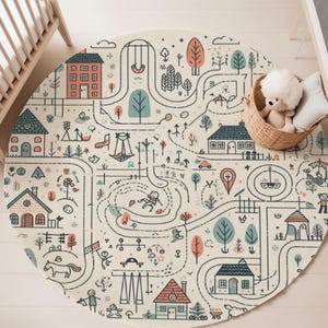 Kleinstadt Malteppich, Kinder Spielmatte, Kinderzimmer Teppich, Spielzimmer Teppich, Stadtteppich, Straßenkarte Teppich, Kinderzimmer Dekor, gemütliche Spielmatte