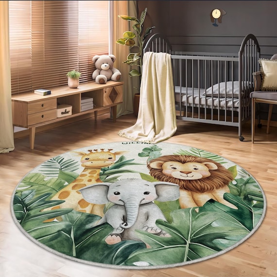 Tappeto a tema leone, tappeto rotondo con leoncino, tappeto da gioco per cameretta safari per bambini