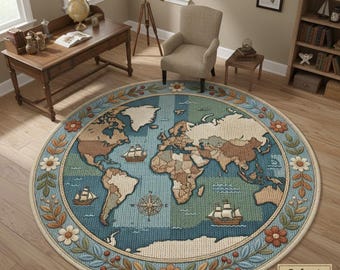 Tappeto rotondo con mappa del mondo, tappeto educativo per la stanza dei giochi dei bambini.