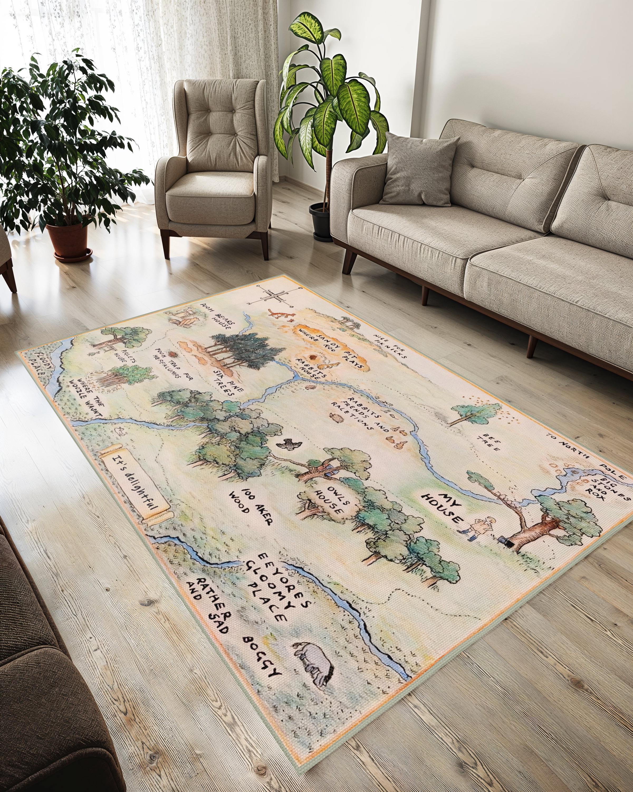 ウッドランドマップラグ：くまのプーさんデザインの滑り止め付き子供