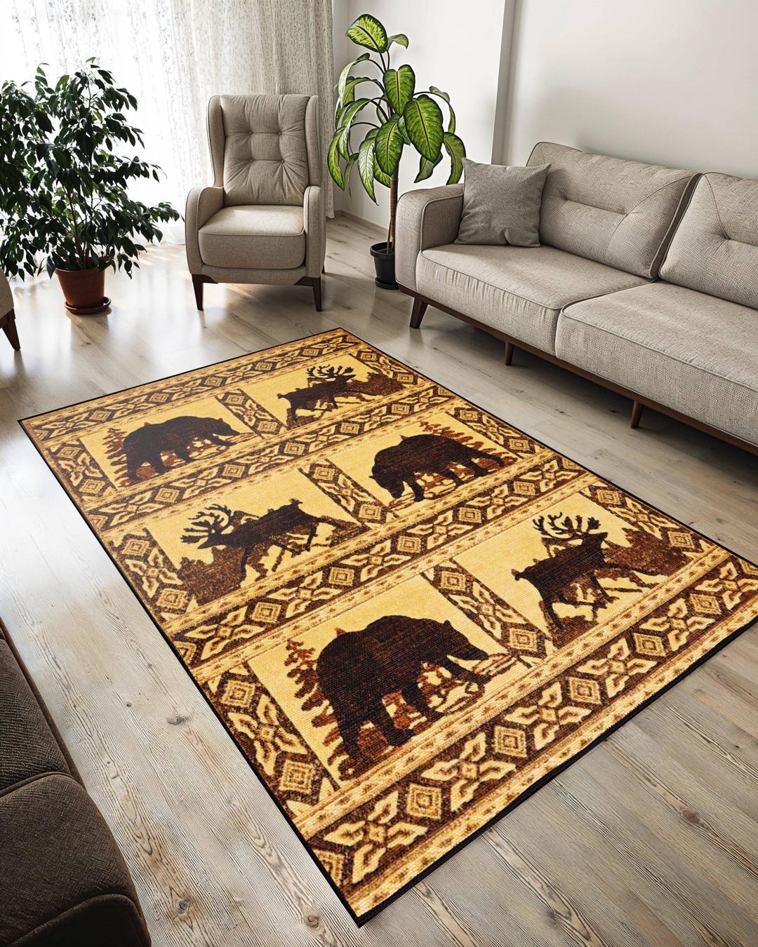 Rustic Bear Rugs Rustic Cabin Rug, Bear and Deer, Southwestern Geometric Print - Etsy